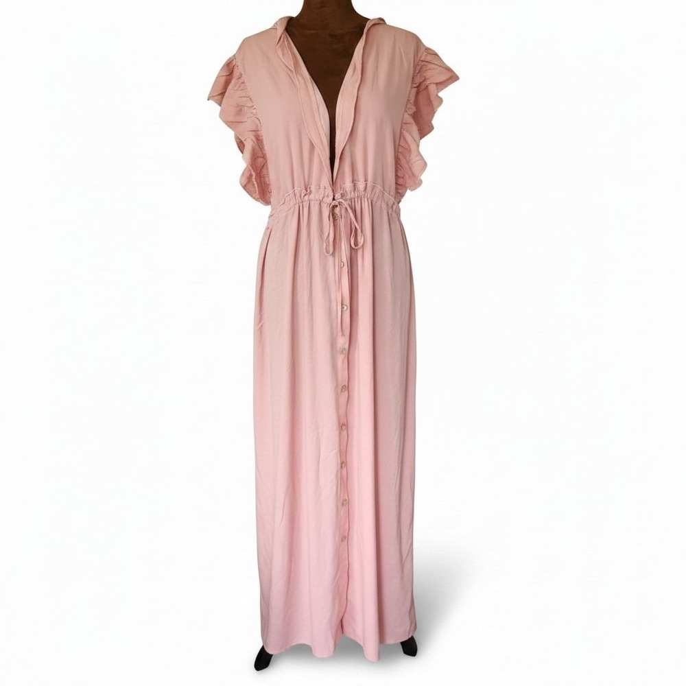 Halara Pink Ruffle Sleeve Button Front V-Neck Maxi Dress with Pockets Size S